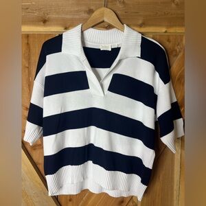 Cyrus Varsity Stripe Polo Sweater in Navy and White Large NWOT